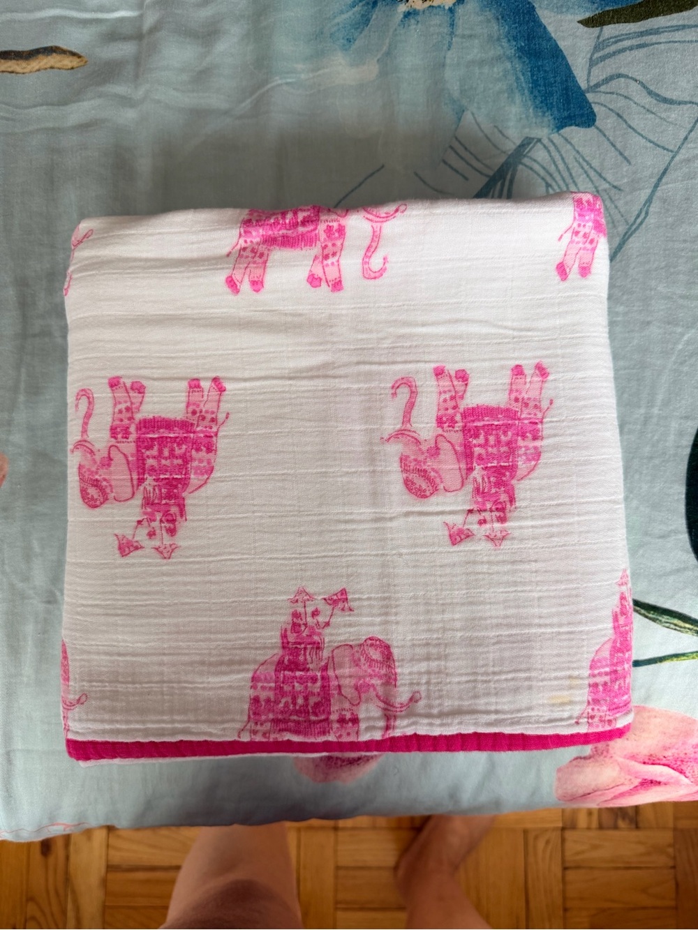 Lilly Pulitzer White Muslin Blanket with Hot Pink Elephant Print